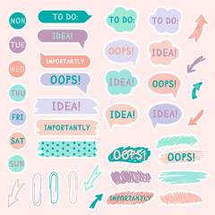 Cute paper notes in pastel colors. Stickers. Simple page. Stationary set. Notes and postcards for notes. Printable planner stickers. A note on the to-do list. Decorative element of planning. Vector 