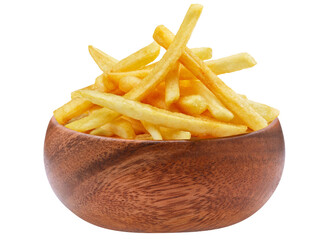 Delicious potato fries in a wooden bowl, cut out