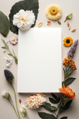 Vertical white blank of paper top view mockup with blossom flowers. Bloom garden rustic floral for template of flat wedding invitation, greeting card. Generative AI
- 615244307