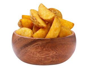 Delicious fried potato wedges in a wooden bowl, cut out