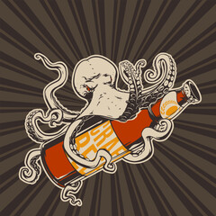 Concept with Octopus holding craft beer in handdraw style for print and decoration. Vector illustration.