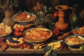 Roman cuisine, known for its diverse flavors and ingredients, including dishes like garum and dormice Generative AI