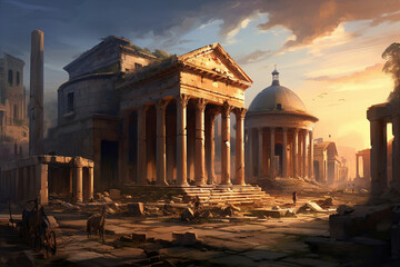Roman architecture, including iconic structures like the Pantheon and the Roman aqueducts Generative AI