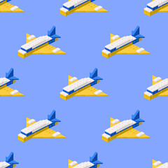 A pattern of planes assembled from plastic blocks in isometric style for print and design. Vector illustration.