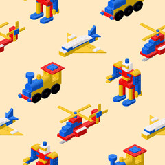 Multi-colored pattern of figures assembled from plastic blocks in isometric style for printing and decoration. Vector illustration.