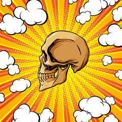 Bright concept with a skull in the style of pop-art for print and design. Vector illustration.