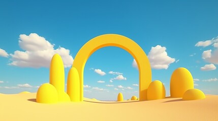 3d surreal desert landscape with arches and clouds
