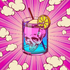 Concept with a glass of deadly cocktail in pop art style for print and design. Vector illustration.