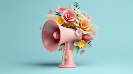 Illustration of a pink megaphone with a bouquet of flowers on top