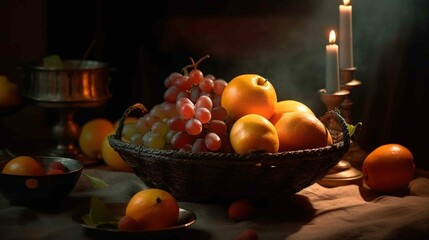 Fruit bowl on a table, a beautiful scene. Created with generative AI.