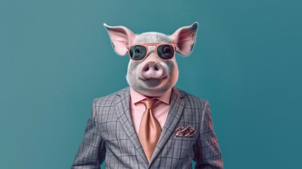 Abstract creative illustrated, minimal portrait of a pig animal dressed up as a man in elegant clothes