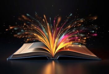 Opened old book on a table with magic firework over dark background. Fantasy illustration