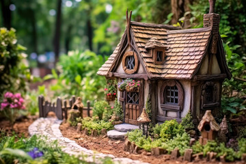 Fototapeta premium Miniature fairy house, resin decor, wood, natural materials, miniature model making. Generative AI