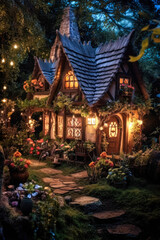 Fototapeta premium Miniature fairy house, night, resin decor, miniature model making, vertical. Generative AI
