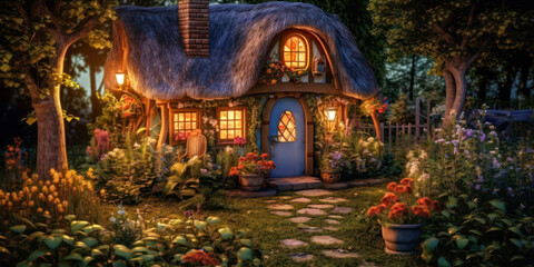 Obraz premium Miniature fairy house, night, resin decor, miniature model making, wide. Generative AI