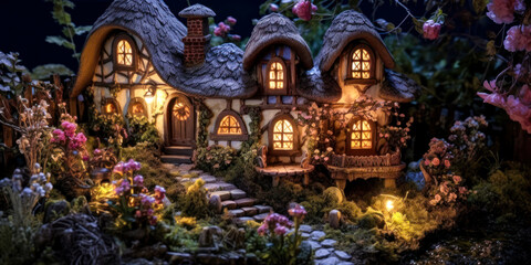 Miniature fairy house, night, resin decor, miniature model making, wide. Generative AI