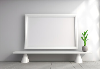 Creative interior concept. Abstract white wall room with blank empty frame and natural shadow. Template for product presentation. Mock up. copy text space