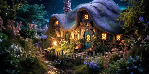 Fototapeta premium Miniature fairy house, night, resin decor, miniature model making, wide. Generative AI