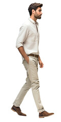 Isolated handsome young man wearing a white shirt and beige chinos trousers, walking, cutout on transparent background, ready for architectural visualisation.
- 615246165