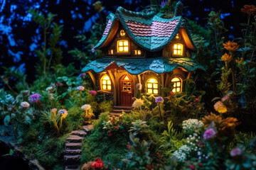 Fototapeta premium Miniature fairy house, night, resin decor, miniature model making. Generative AI