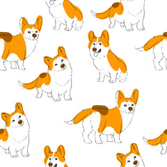Vector hand-drawn seamless pattern with cute corgi isolated on a white background. Endless texture with spotted dogs in sketch style.