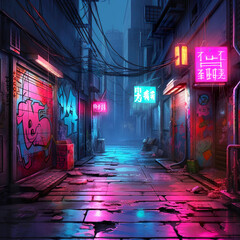 pink and blue neon lights on a city alley. neo-noir pink and blue style city street. cyberpunk style dark alley with pink and blue gradient neon lights. Generative Ai - obrazy, fototapety, plakaty