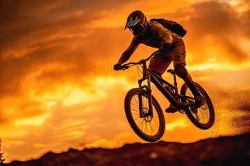 Obraz premium A close - up view of the silhouette of a man on a bike jumping in the golden sunset. Generative AI