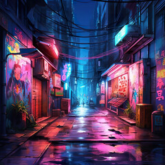 pink and blue neon lights on a city alley. neo-noir pink and blue style city street. cyberpunk style dark alley with pink and blue gradient neon lights. Generative Ai - obrazy, fototapety, plakaty