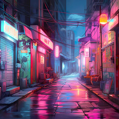 pink and blue neon lights on a city alley. neo-noir pink and blue style city street. cyberpunk style dark alley with pink and blue gradient neon lights. Generative Ai