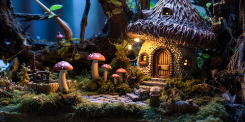 Miniature fairy house, night, resin decor, miniature model making, wide. Generative AI