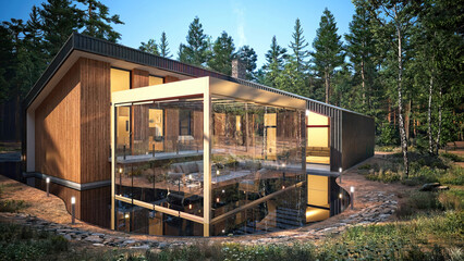 Fototapeta na wymiar Forest villa house and Gazebo Sunroom Winter Garden pergola on patio. 3d rendering