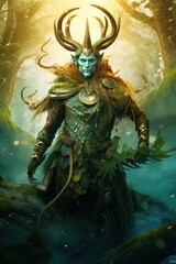 A horned scandinavian god Loki standing in a forest. Generative AI image. - obrazy, fototapety, plakaty