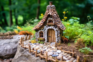 Obraz premium Miniature fairy house, stone, pebbles, resin decor, miniature model making. Generative AI