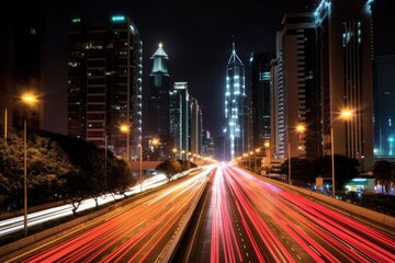 Fototapeta na wymiar A cityscape at night, illuminated by the glow of city lights. Generative AI