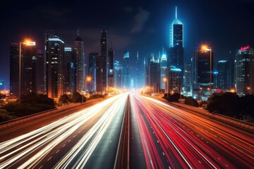 Fototapeta premium A cityscape at night, illuminated by the glow of city lights. Generative AI
