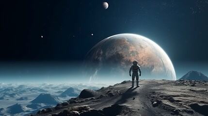 An astronaut standing on the surface of the moon - obrazy, fototapety, plakaty