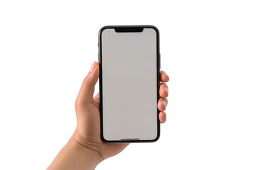 A close - up of the woman's hand displaying a blank mobile Phone against a white transparent background. Generative AI