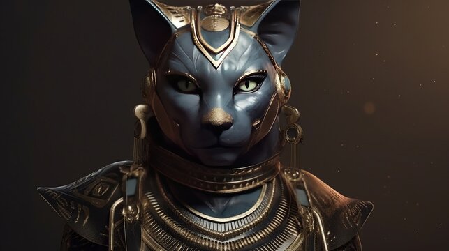 Ancient Egyptian catwoman with gold jewelry. Ancient Egyptian goddess