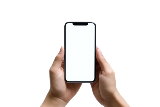 A close - up of the woman's hand displaying a blank mobile Phone against a white transparent background. Generative AI