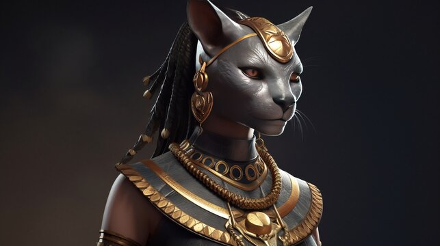 Ancient Egyptian catwoman with gold jewelry. Ancient Egyptian goddess