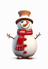 Cute snowman with red scarf on white background in cartoon style. Generative AI.