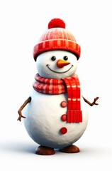 Cute snowman with red hat and scarf on white background in cartoon style. Generative AI.