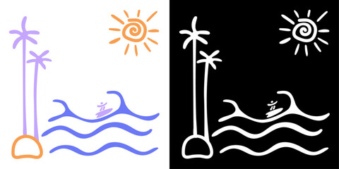 Palm tree on island and surfer in the ocean.