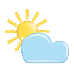 Realistic 3d design of weather forecast elements, icon symbol, meteorology. Decorative 3d golden Sun and blue cloud. Vector illustration isolated on a white background