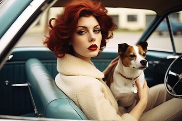 Vintage young female in formal clothes with makeup sitting with adorable dog in old fashioned car at daylight