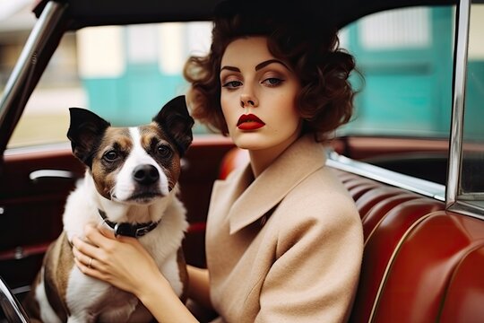Vintage young female in formal clothes with makeup sitting with adorable dog in old fashioned car at daylight