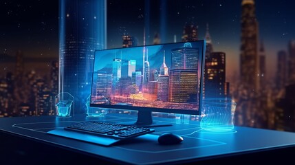 Desktop computer background in office and big town buildings