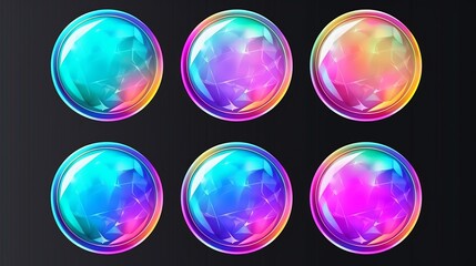 Collection of round sticker with colorful iridescent holographic foil texture. Circles isolated on black background