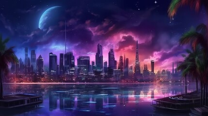 Illustration of a vibrant cityscape with palm trees at night