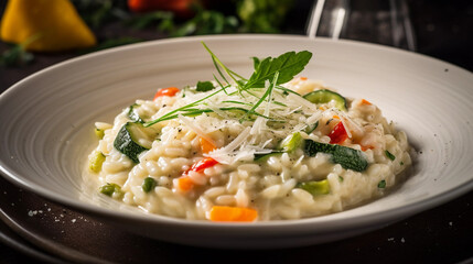 A bowl of creamy and fragrant risotto, studded with seasonal vegetables and Parmesan cheese